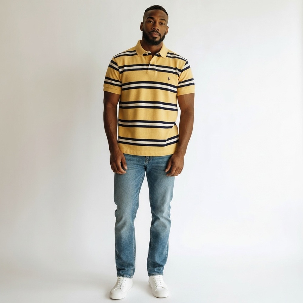 Ralph Lauren‎ Polo Old School Classic Shirt Yellow & Navy Stripe Men's L Knit